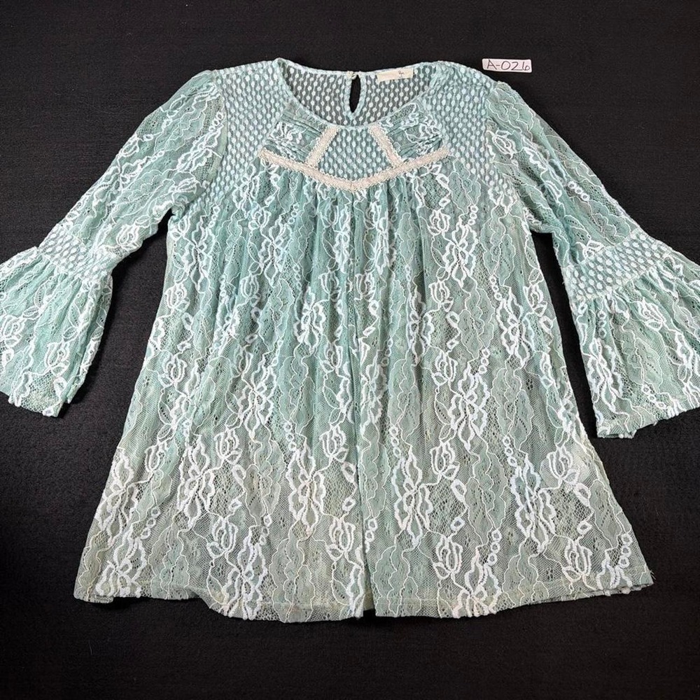 Ryu Womens Lace Tunic Top Teal Green White Bell Sleeve Boho Romantic